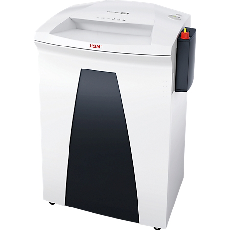 A white paper shredder with a black front and a red element. The HSM logo is visible.