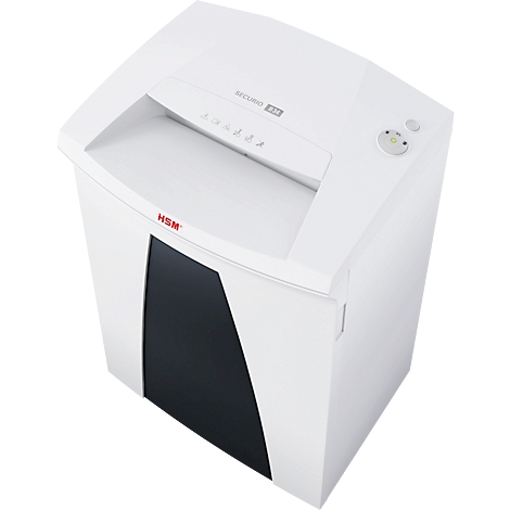 White paper shredder with black paper entry. "HSM" is written in red on the top left.