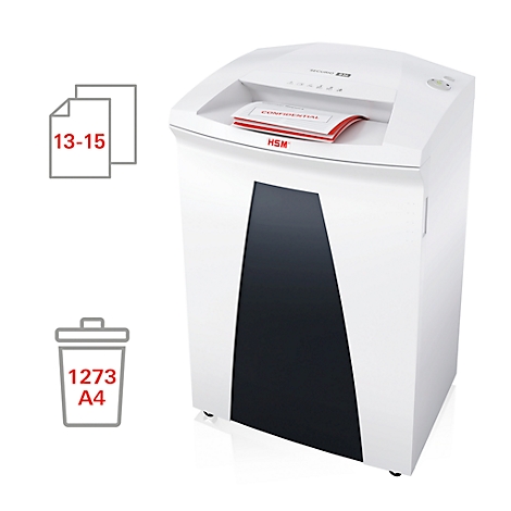 White shredder with black insert. "Confidential" on inserted paper. Symbols show sheet count and waste bin.
