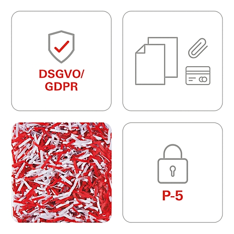 Four squares with symbols, data protection: shield with check mark, documents, paper clip, credit card, lock with P-5, shredded paper.