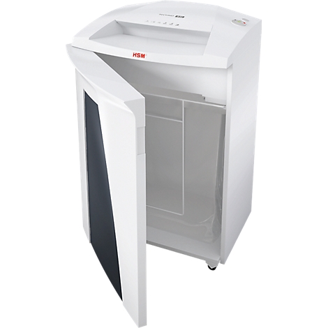 A white shredder with an open door, revealing the interior and paper collection.