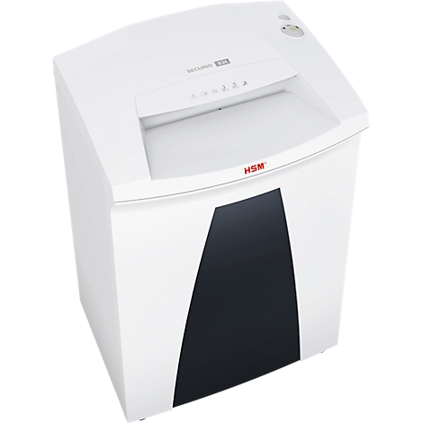White paper shredder with black front; "HSM" text.
