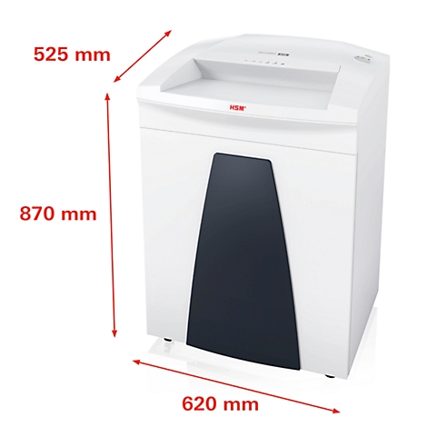 White paper shredder with black elements and dimensions. A feeder on top, a cabinet below.
