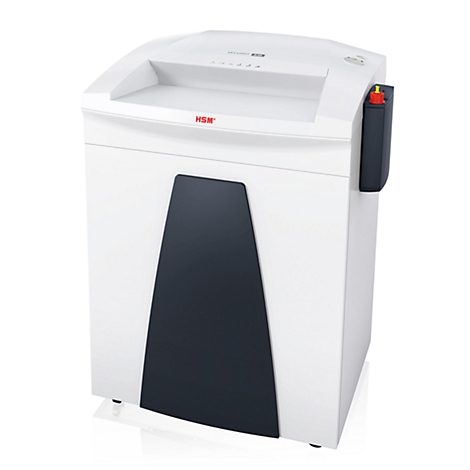 White paper shredder with a black element. The red power off button is clearly visible.