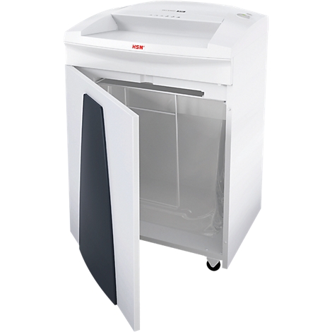 White paper shredder with open door, red "HSM" logo. The gray interior and container are visible.