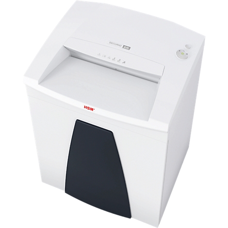 White paper shredder with a black accent and control panel. Top: Paper feed and lettering. Logo: HSM.
