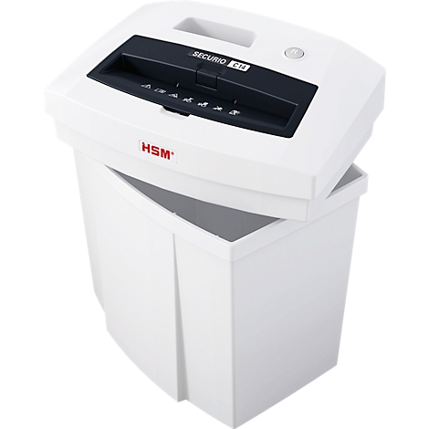 White paper shredder with black feed and open container. The HSM logo and model name are visible.