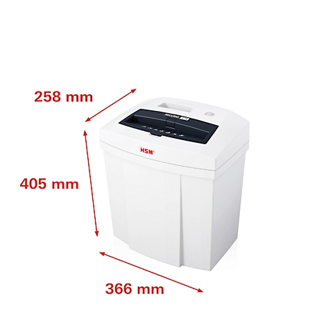 White paper shredder with black elements, size specifications in mm.