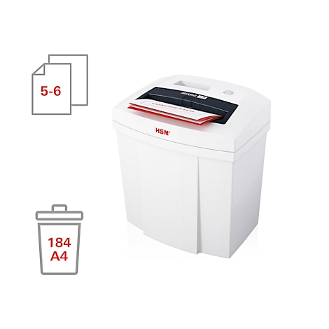 White paper shredder with paper symbols showing capacity. Documents are visible being shredded at the top.
