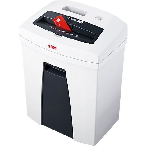 Shredder with red credit card. Black and white device with HSM logo and SECURIO lettering.