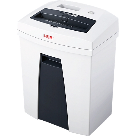 White paper shredder with dark slot and black waste container. Reads "HSM SECURE 230".