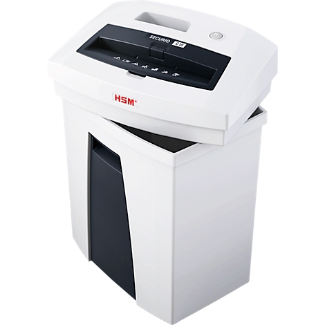 White paper shredder with black feed area on top, black container below.