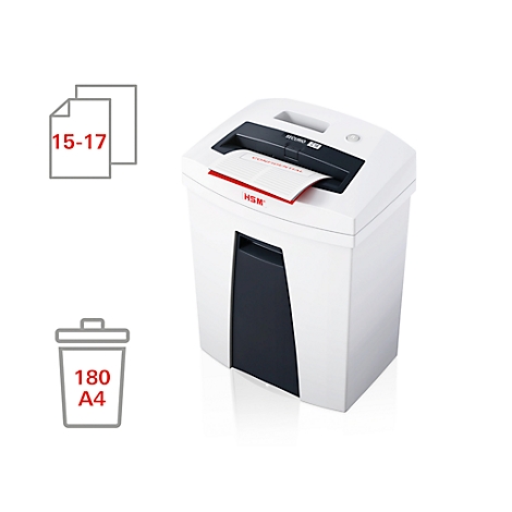 White paper shredder, paper being fed in, next to information on capacity.