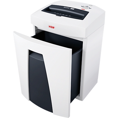 White paper shredder with open waste bin. 'HSM' logo.