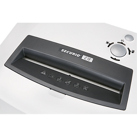 Close-up of a grey paper shredder with control panel and SECURIOC18 lettering.