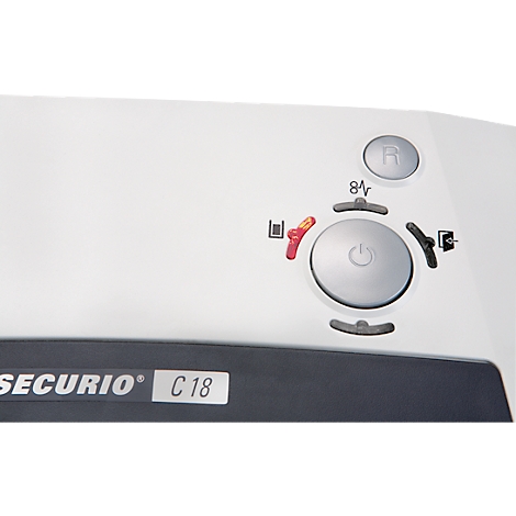 Close-up of a white paper shredder surface with controls, including a power button, LED indicators, and a reset button.