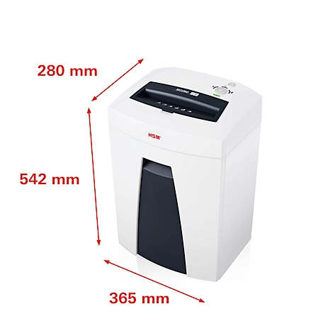 White paper shredder with black elements. Dimensions are indicated: 280 mm x 542 mm x 365 mm.