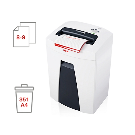 White paper shredder with documents being fed. Details: 8-9 sheets, 351 A4.