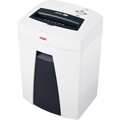 White paper shredder with black feed slot. 'Securio' is written on top. Red 'HSM' logo on the left.