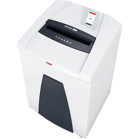 White paper shredder with black input and control panel. HSM logo red. "SECUREO" and symbols.