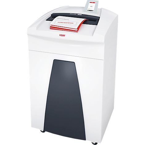 White paper shredder with gray insert, confidential documents inside. Control panel on top, HSM logo.