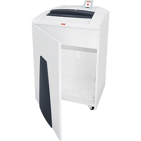 White paper shredder with open door. Control panel and a screen on top. The device has rollers.