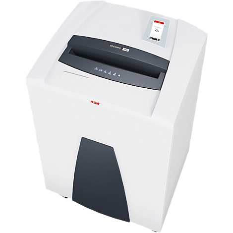 White paper shredder with control panel and the inscription SECURO PRO. A paper feed and buttons are visible on top.