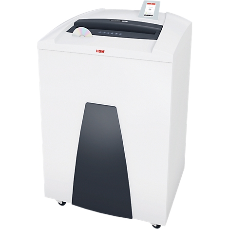 White paper shredder with black control panel and inserted CD. A display shows information.