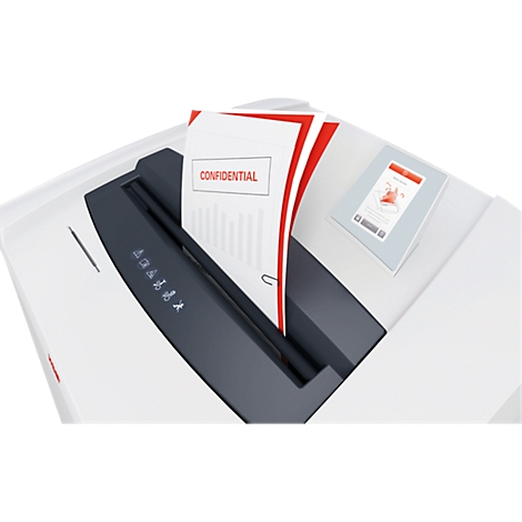 Shredder with paper marked "Confidential". A screen shows another document.