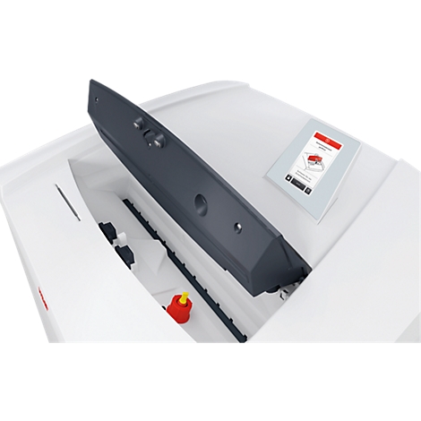 View into a white printer. Gray flap open, red button and display visible.
