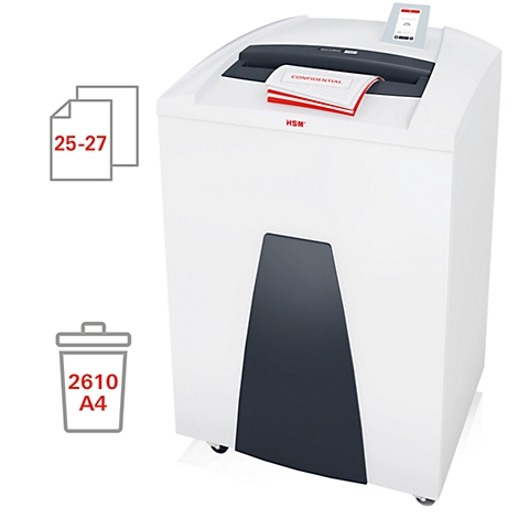 White paper shredder with black cover, a sheet with "CONFIDENTIAL" is shredded at the top, next to it stacks of paper.