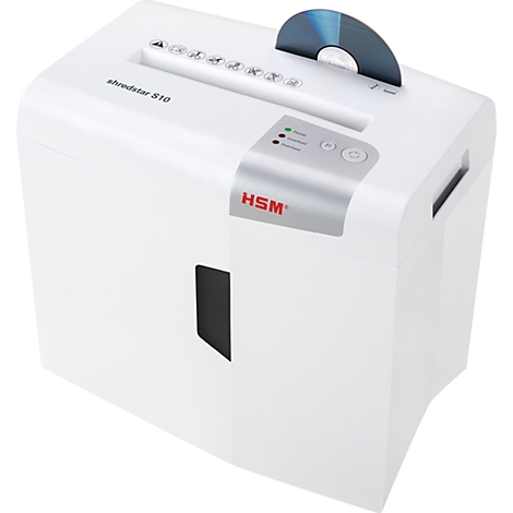 White shredder with silver control panel, a CD is inserted. The inscription "shredstar S10" and "HSM" can be seen.