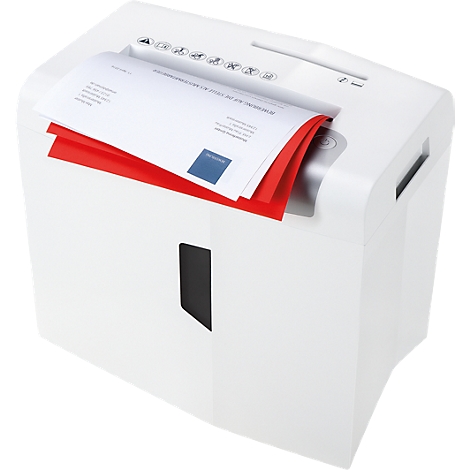 White paper shredder with paper in the feed. Red and white paper is being shredded.