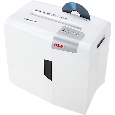White paper shredder with inserted CD, silver accents, and red HSM logo. Inscription: shredstar S10.