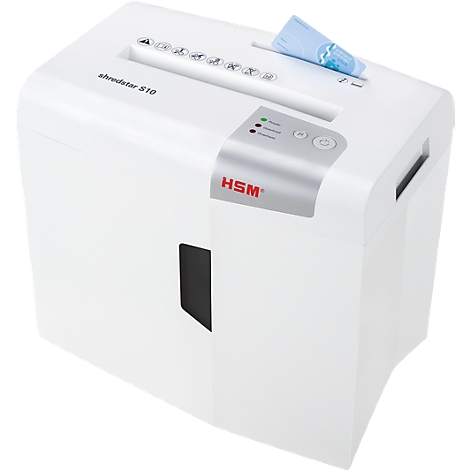 White paper shredder with the inscription shredstar S10, paper is being fed in. Controls and the HSM logo are visible.