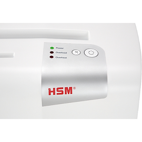 Close-up of a white paper shredder console with buttons and lights. The brand 'HSM' is highlighted in red.