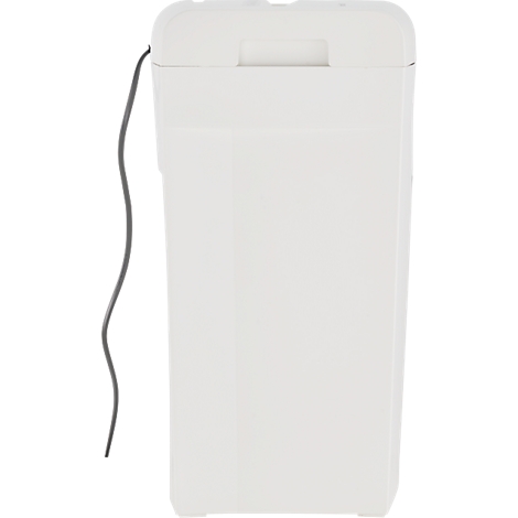 White rectangular trash can with lid and handle. A gray cable runs from the top left down.