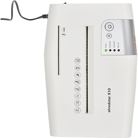 White shredstar X10 paper shredder with green and red indicator lights. A power cable is connected.