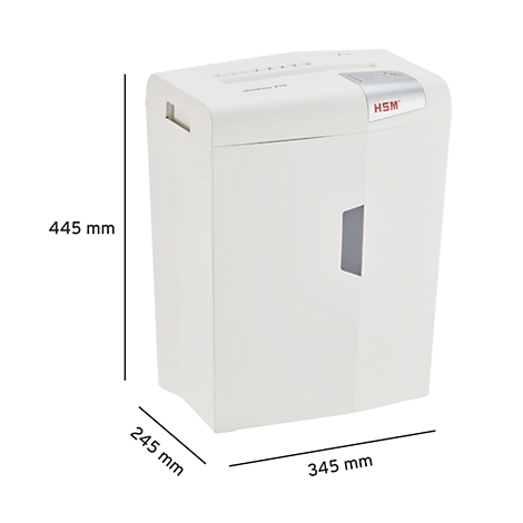 White paper shredder with dimensions. The HSM logo is visible.