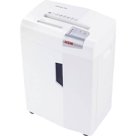White paper shredder, top with feed slot, control panel and HSM logo. Black viewing slot for the collection container.