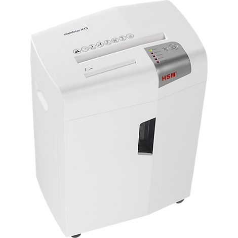 White shredder with control panel and HSM logo. The paper feed is on the left. Inscription: shredstar X13.