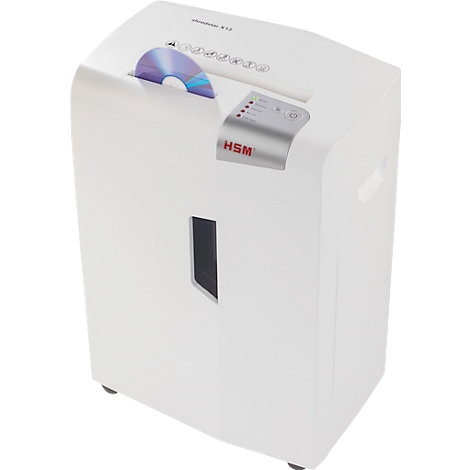 A white shredder is shredding a CD. On the front are control buttons and the "HSM" logo.