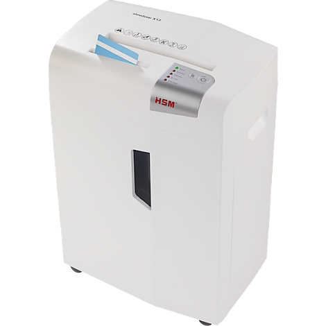 White paper shredder. Paper feed at the top, display at the top right. Blue paper is being shredded.