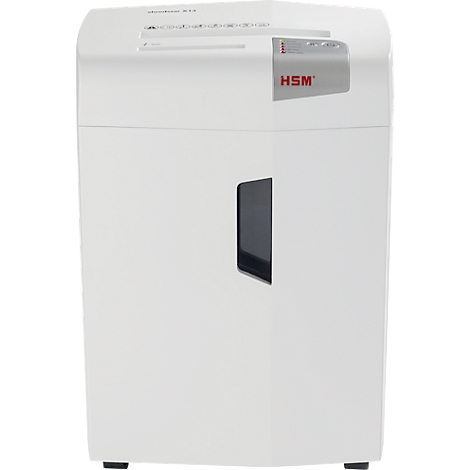 White paper shredder with the "HSM" logo. The device has a paper feed and a collection container.