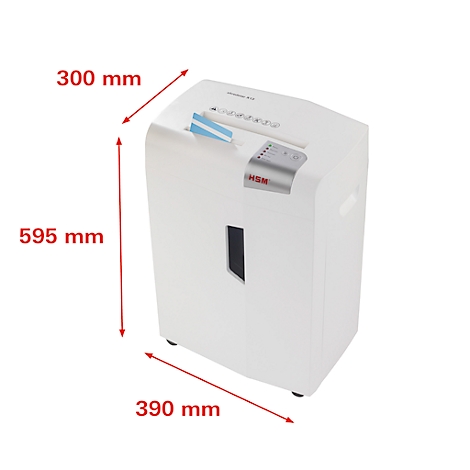 White paper shredder with dimensions 390 x 300 x 595 mm. The inscription 'HSM' and paper feed are visible.