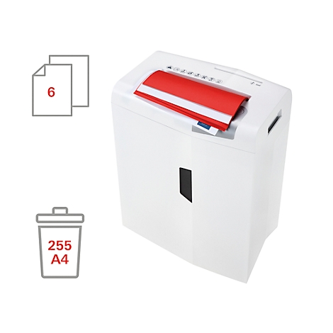 White paper shredder with inserted paper and paper symbols. Capacity: 255 A4 sheets.
