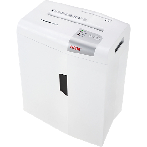 White paper shredder, top input slot, control panel with buttons, and HSM logo.