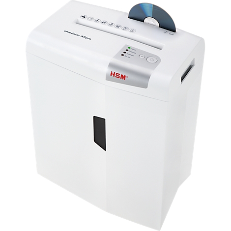 White paper shredder with CD slot, a CD protrudes, indicator lights, HSM logo.