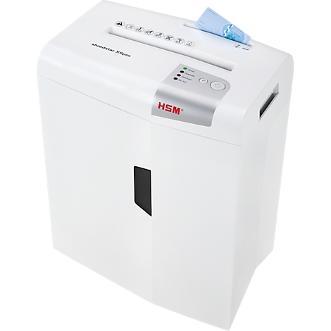 White paper shredder. Paper being fed. Control panel with the HSM logo.