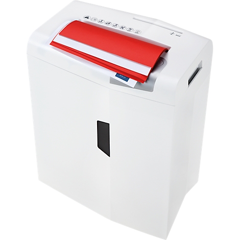 White paper shredder with a red paper feed. Red sheets of paper are in the feed at the top.